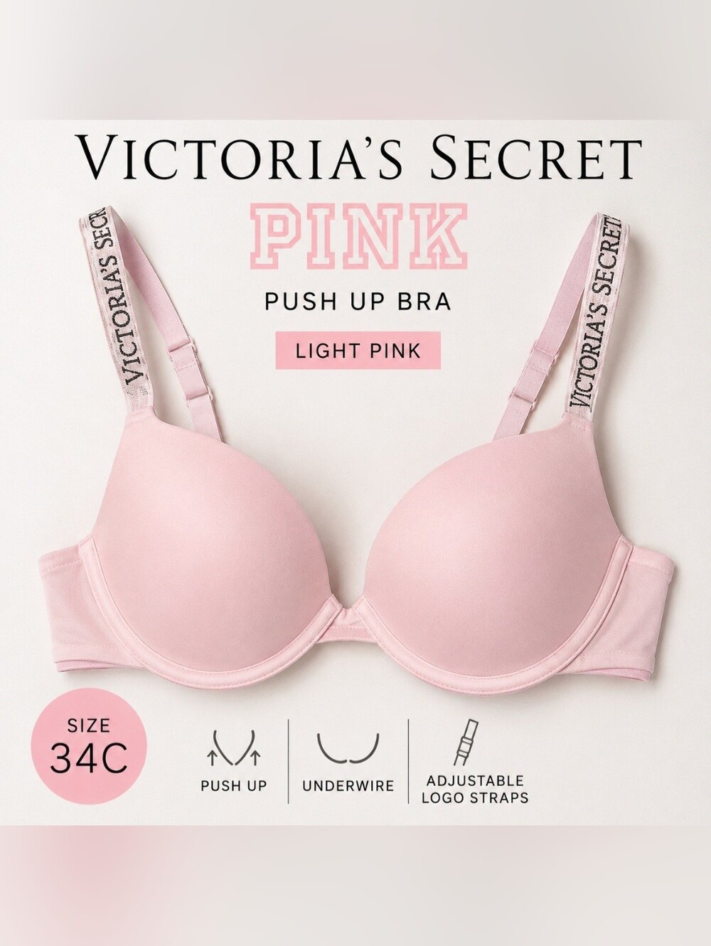 Victoria’s Secret PINK Light Pink Logo Strap Push Up Bra 36C